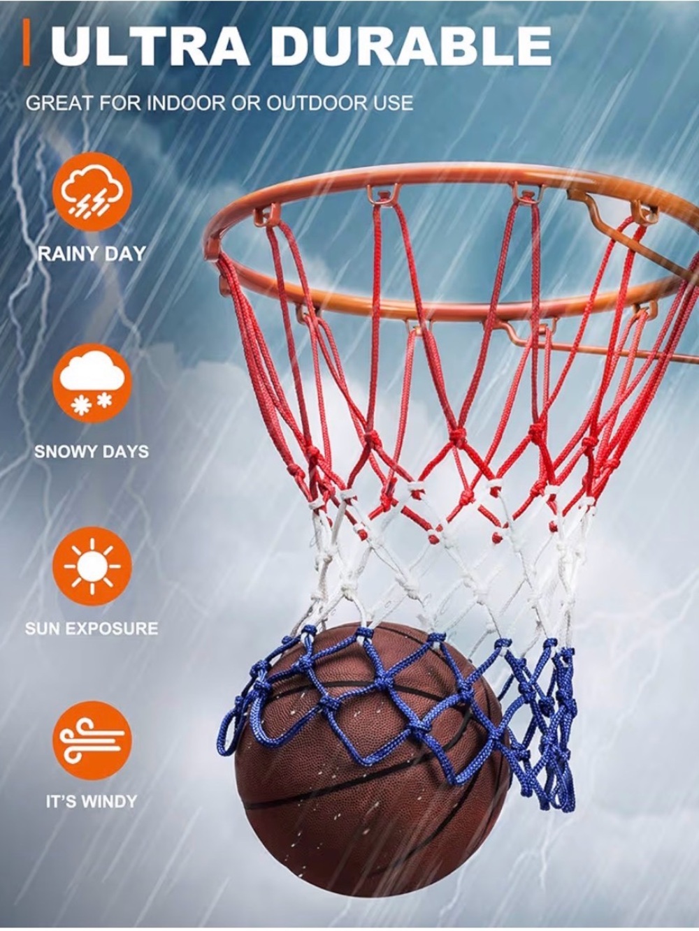 NWT 12 loop Outdoor/Indoor Basketball Net - Red White Blue